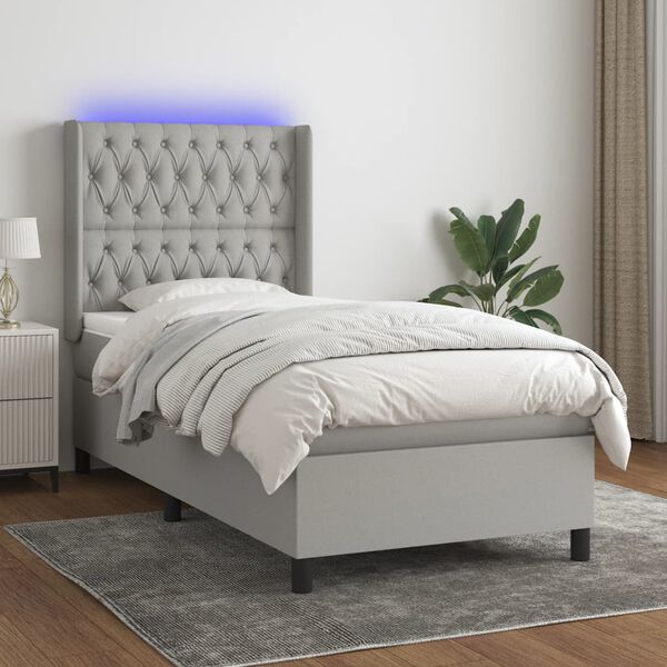 vidaXL Boxspringbett mit Matratze & LED Hellgrau 90x190 cm Stoff