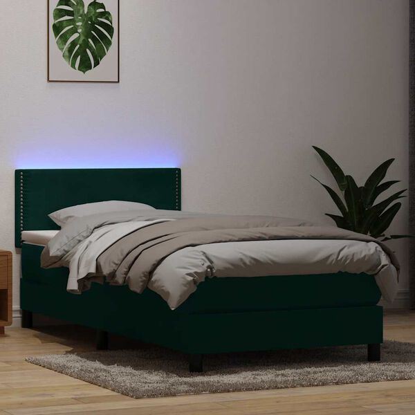 vidaXL Boxspringbett mit Matratze & LED Dunkelgr&uuml;n 90x210 cm Samt