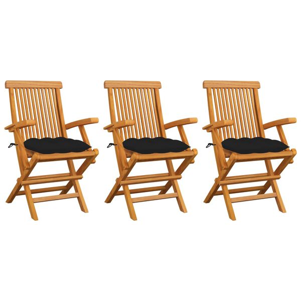 vidaXL Gartenst&uuml;hle mit Schwarzen Kissen 3 Stk. Massivholz Teak
