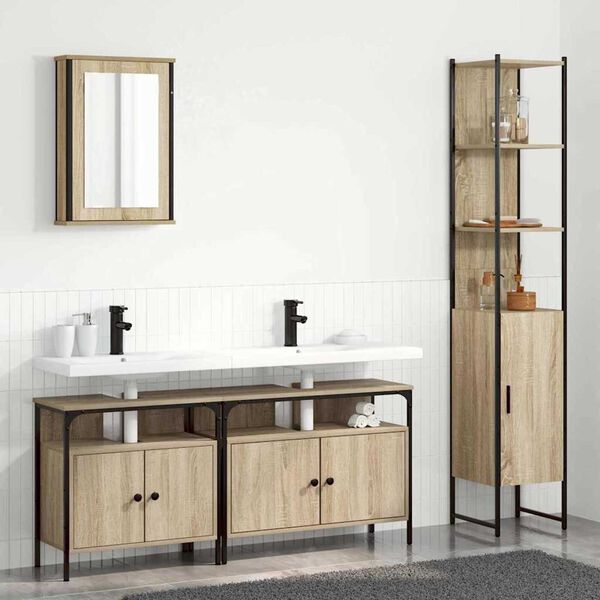 vidaXL Badezimmerm&ouml;bel-Set mit Regal 4 pcs Sonoma-Eiche Holzwerkstoff