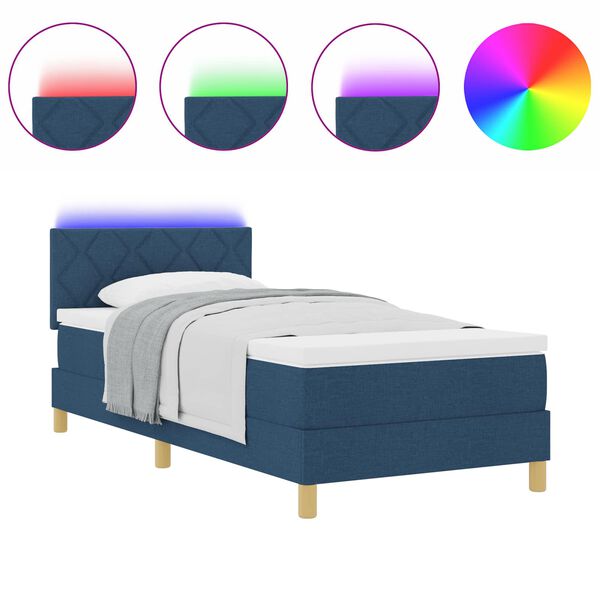 vidaXL LED Boxspringbett mit Matratze Blau 90 x 200 cm Stoff