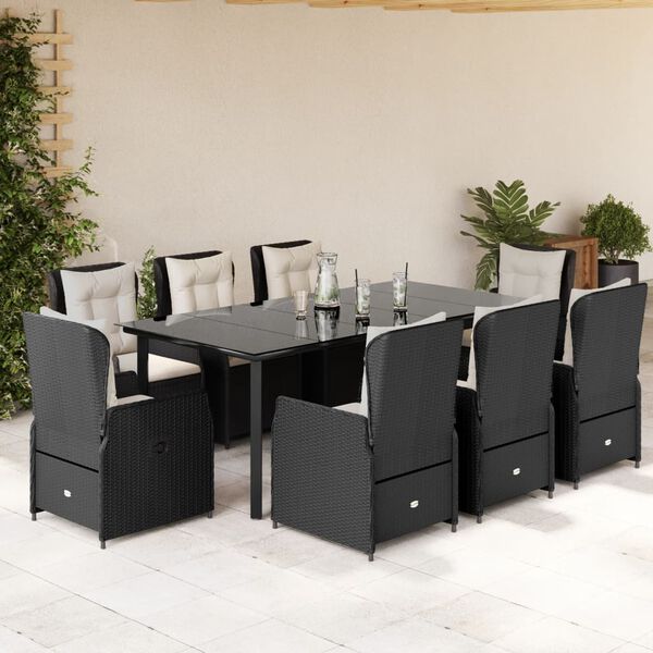 vidaXL 9-tlg. Garten-Essgruppe mit Kissen Schwarz Poly Rattan