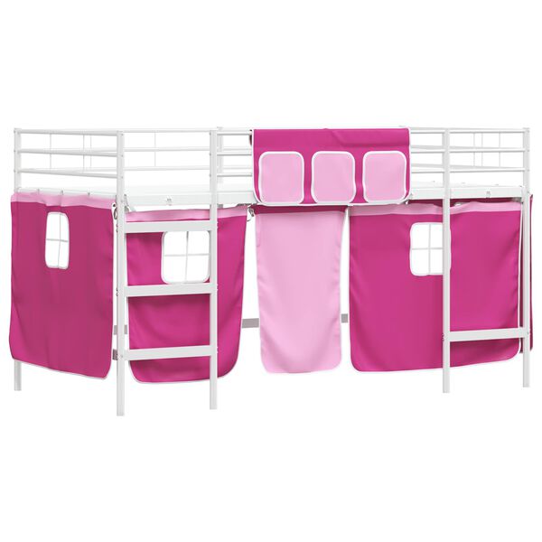 vidaXL Kinder Loft Bettgestell mit Vorh&auml;ngen Wei&szlig; und Rosa