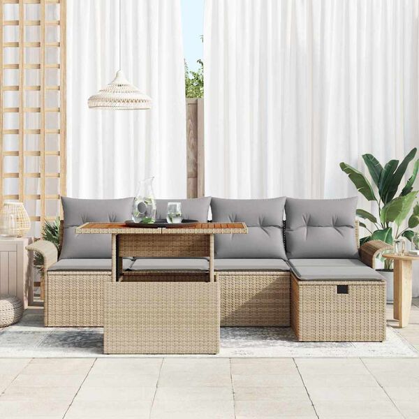 vidaXL Garten-Sofa-Set mit Kissen mit Speicher 6 pcs Beige Poly Rattan