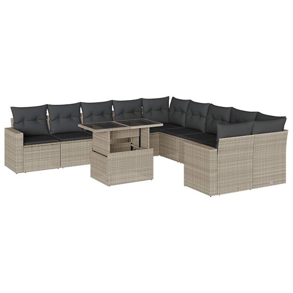 vidaXL 11-tlg. Garten-Sofagarnitur mit Kissen Hellgrau Poly Rattan