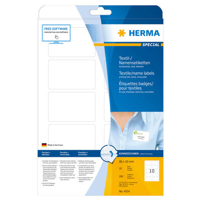 HERMA Namensetiketten für Textilien Ablösbar A4 80x50mm 20 Blatt Weiß