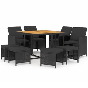 vidaXL 9-tlg. Garten-Essgruppe mit Kissen Poly Rattan Schwarz