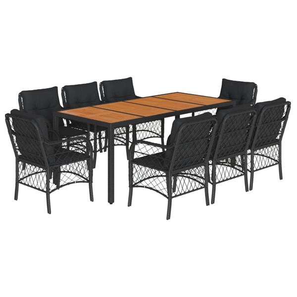 vidaXL 9-tlg. Garten-Essgruppe mit Kissen Schwarz Poly Rattan
