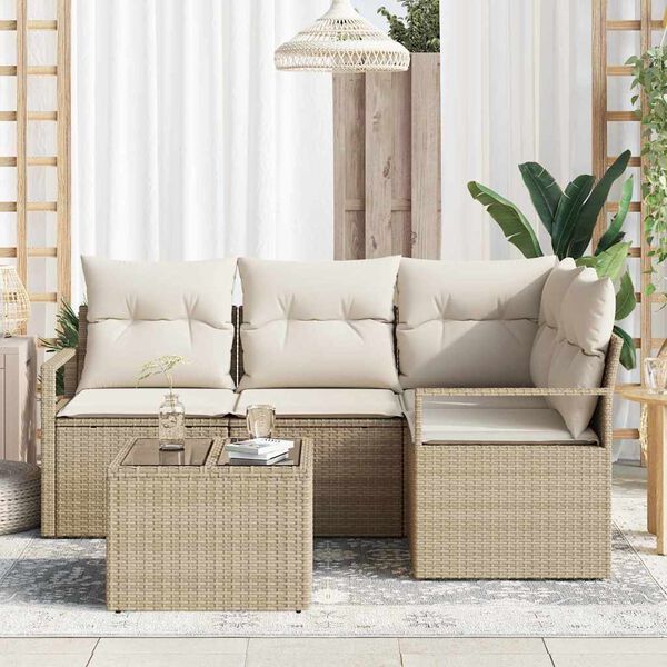 vidaXL Garten-Sofa-Set mit Kissen mit Speicher 5 pcs Beige und Creme
