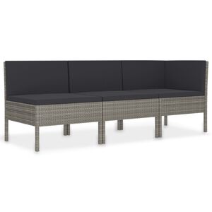 vidaXL 3-tlg. Garten-Lounge-Set mit Auflagen Poly Rattan Grau
