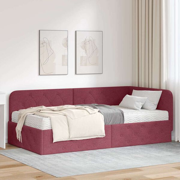 vidaXL Eckbettgestell mit Matratze Weinrot 90 x 200 cm Stoff