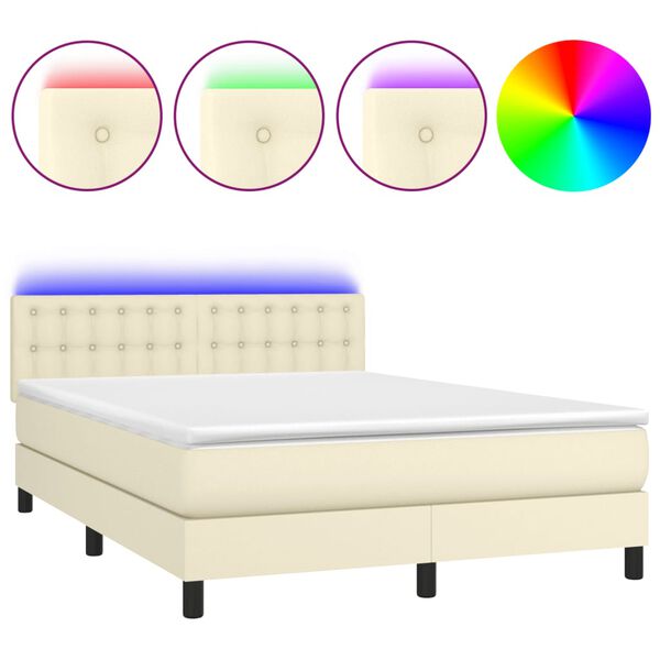 vidaXL Boxspringbett mit Matratze & LED Creme 140x200 cm Kunstleder