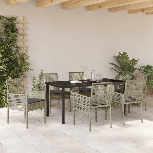 vidaXL Garten Essgruppe mit Kissen 7 pcs Hellgrau Poly-Rattan