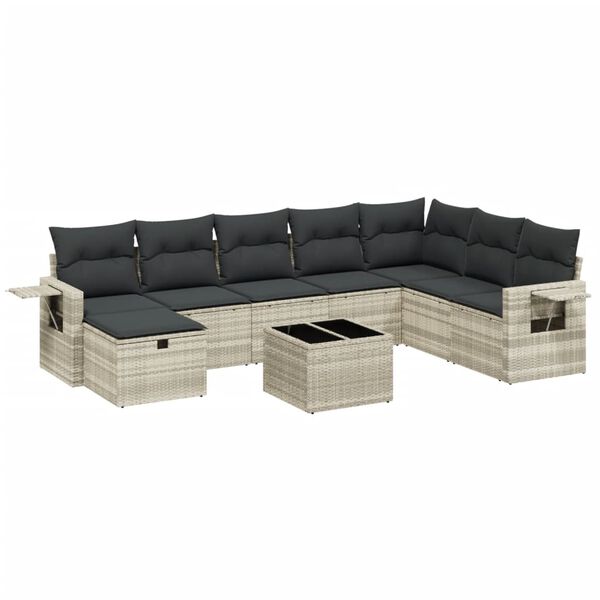 vidaXL 9-tlg. Garten-Sofagarnitur mit Kissen Hellgrau Poly Rattan