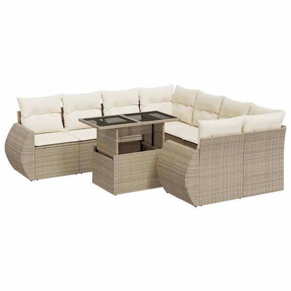 vidaXL 9-tlg. Garten-Sofagarnitur mit Kissen Beige Poly Rattan