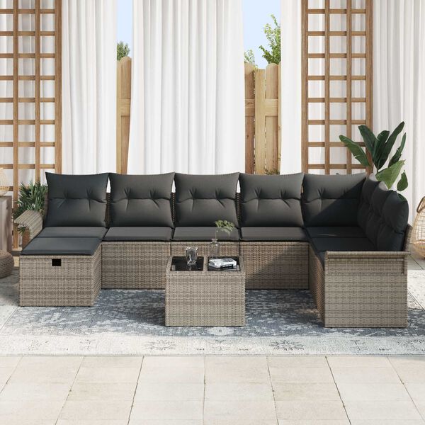 vidaXL Gartensofa-set mit Kissen mit Speicher 9 pcs Grau Poly-Rattan