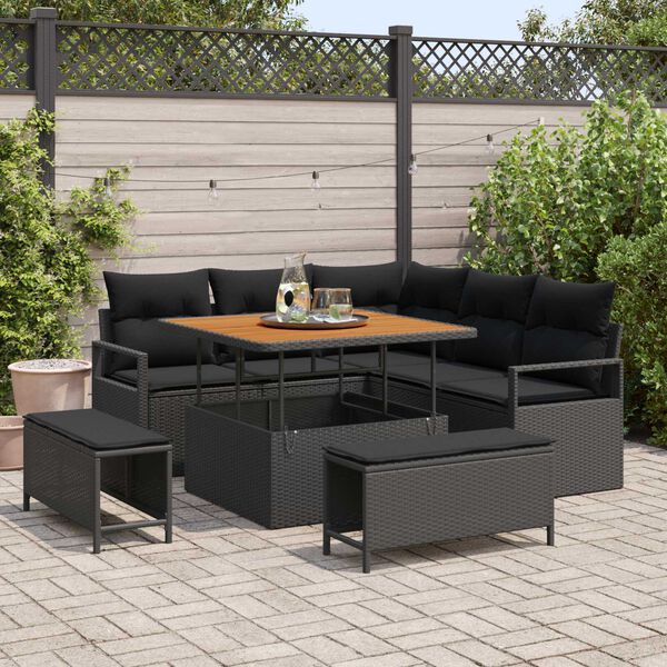 vidaXL Garten-Sofa-Set mit Kissen 8 pcs Schwarz Poly Rattan
