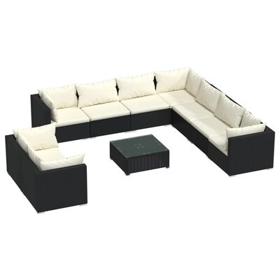 vidaXL 10-tlg. Garten-Lounge-Set mit Kissen Schwarz Poly Rattan