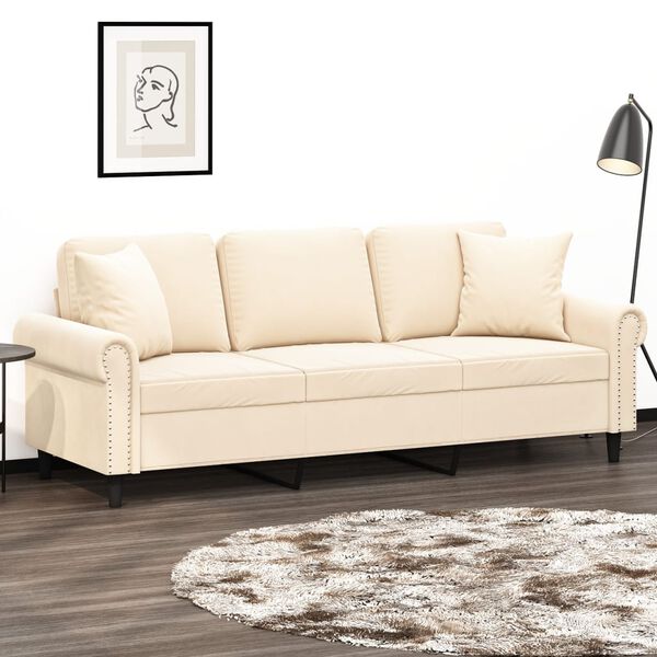 vidaXL 3-Sitzer-Sofa mit Kissen Creme 180 cm Samt