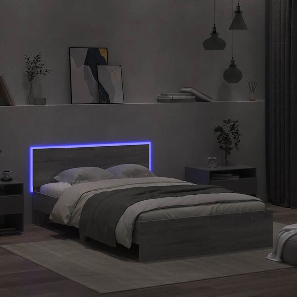 vidaXL Bettgestell mit Kopfteil LED-Beleuchtung Grau Sonoma 135x190 cm