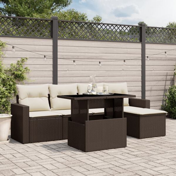 vidaXL 6-tlg. Garten-Sofagarnitur mit Kissen Braun Poly Rattan