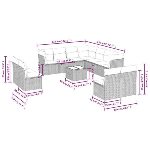 vidaXL 12-tlg. Garten-Sofagarnitur mit Kissen Beige Poly Rattan