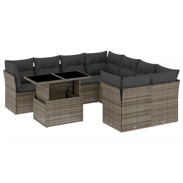 vidaXL 9-tlg. Garten-Sofagarnitur mit Kissen Grau Poly Rattan