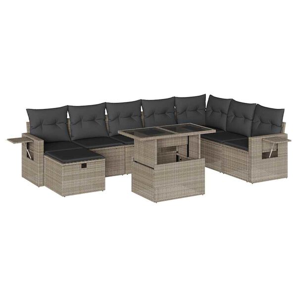 vidaXL 9-tlg. Garten-Sofagarnitur mit Kissen Hellgrau Poly Rattan