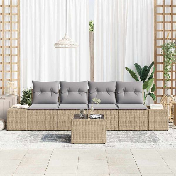 vidaXL Garten-Sofa-Set mit Kissen 5 pcs Beige und Grau Poly-Rattan