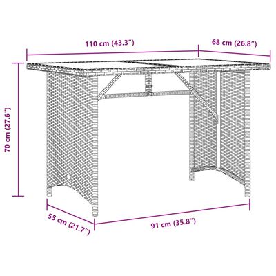 vidaXL Gartentisch mit Glasplatte Braun 110x68x70 cm Poly Rattan