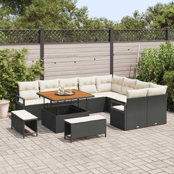 vidaXL Garten-Sofa-Set mit Kissen 12 pcs Schwarz Poly Rattan
