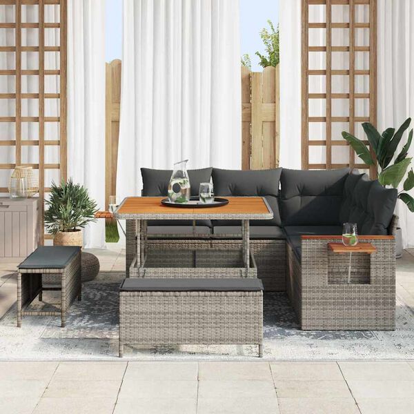 vidaXL Garten-Sofa-Set mit Kissen mit Speicher Grau Poly Rattan