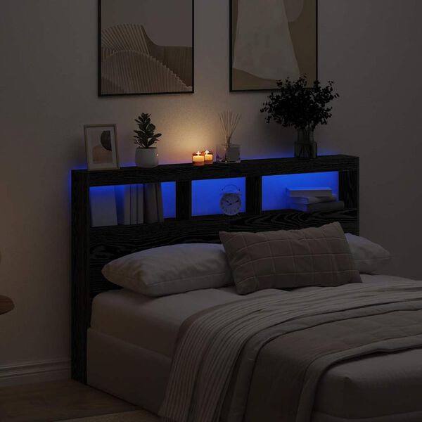 vidaXL LED-Kopfteil mit Ablagen Schwarz Eichen-Optik 160x17x102 cm