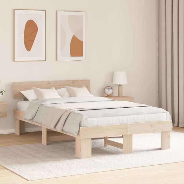 vidaXL Bettrahmen mit Kopfteil Natur 140 x 190 cm Massives Kiefernholz