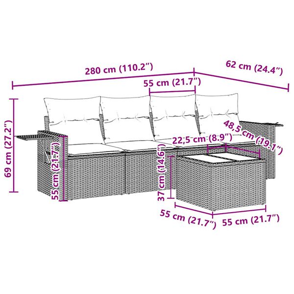 vidaXL 5-tlg. Garten-Sofagarnitur mit Kissen Hellgrau Poly Rattan