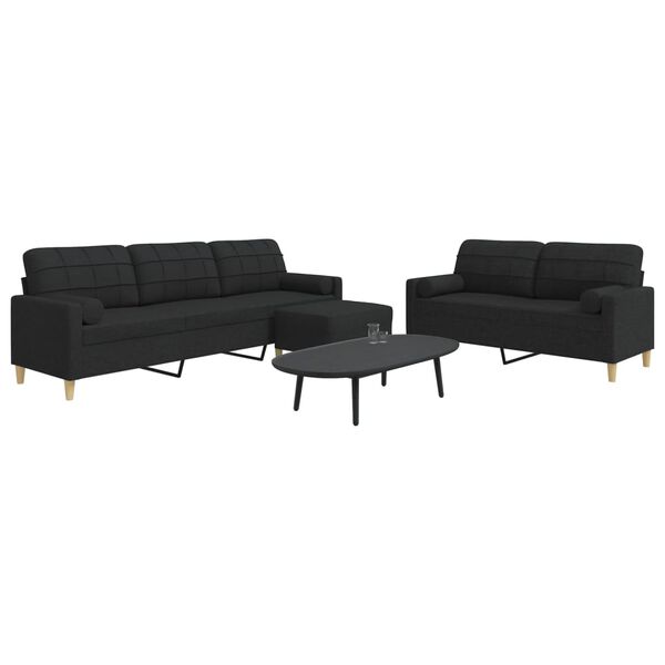 vidaXL 3-tlg. Sofagarnitur mit Fu&szlig;hocker & Dekokissen Schwarz Stoff