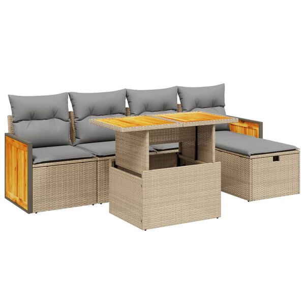 vidaXL 6-tlg. Garten-Sofagarnitur mit Kissen Beige Poly Rattan
