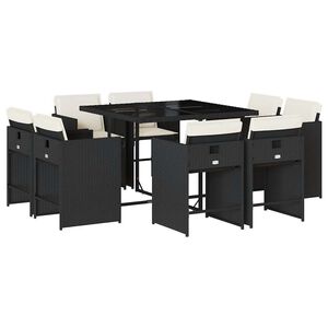 vidaXL 9-tlg. Garten-Essgruppe mit Kissen Schwarz Poly Rattan