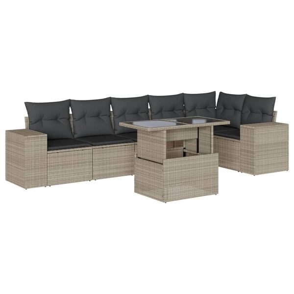 vidaXL 7-tlg. Garten-Sofagarnitur mit Kissen Hellgrau Poly Rattan