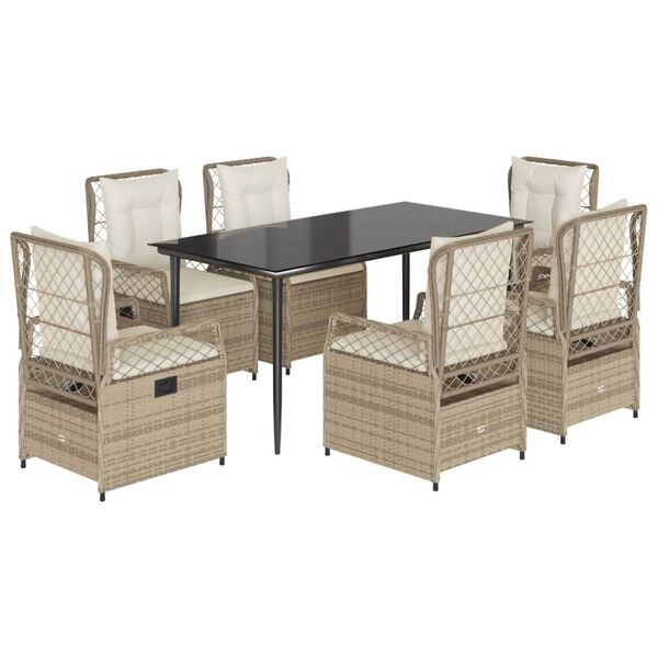 vidaXL 7-tlg. Garten-Essgruppe mit Kissen Beige Poly Rattan