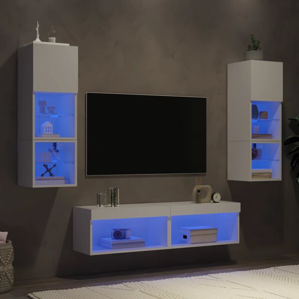 vidaXL 6-tlg. Wohnwand mit LED-Beleuchtung Wei&szlig; Holzwerkstoff