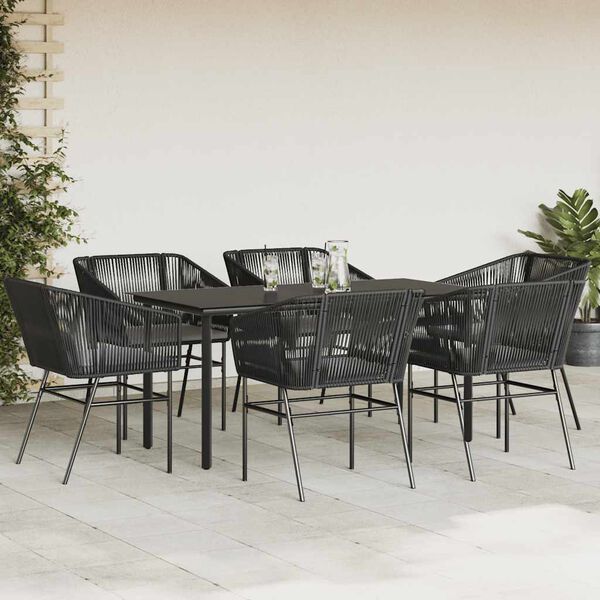 vidaXL 7-tlg. Garten-Essgruppe mit Kissen Schwarz Poly Rattan Glas