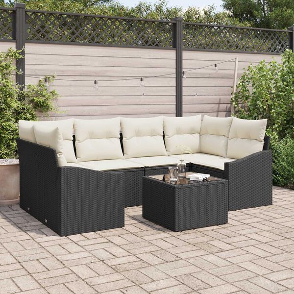 vidaXL Sofa Set mit Kissen 7 pcs Schwarz und Creme Poly-Rattan