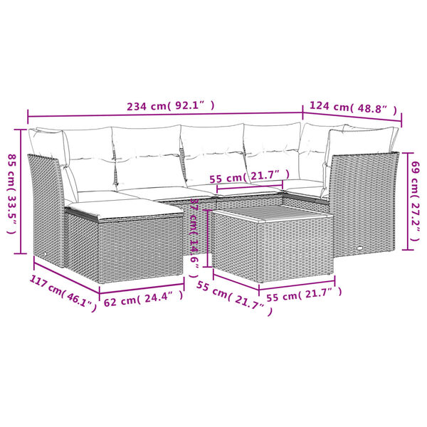 vidaXL 7-tlg. Garten-Sofagarnitur mit Kissen Beige Poly Rattan