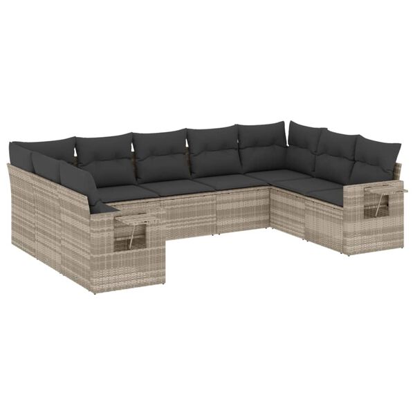 vidaXL 9-tlg. Garten-Sofagarnitur mit Kissen Hellgrau Poly Rattan