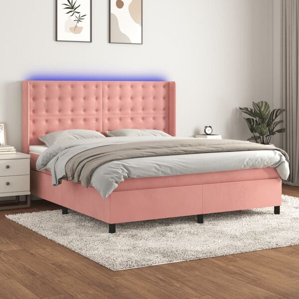 vidaXL Boxspringbett mit Matratze & LED Rosa 180x200 cm Samt