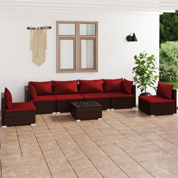 vidaXL 7-tlg. Garten-Lounge-Set mit Kissen Poly Rattan Braun