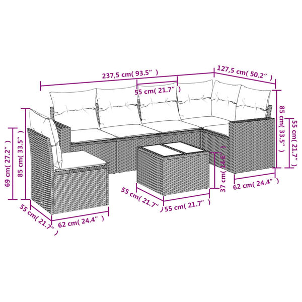 vidaXL 7-tlg. Garten-Sofagarnitur mit Kissen Schwarz Poly Rattan