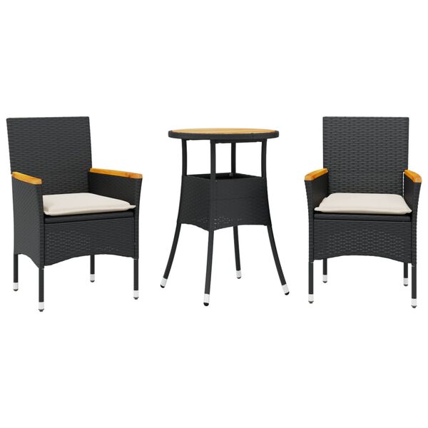 vidaXL 3-tlg. Garten-Essgruppe mit Kissen Schwarz Poly Rattan Akazie