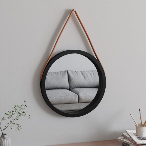 vidaXL Wandspiegel mit Riemen Schwarz &Oslash; 45 cm